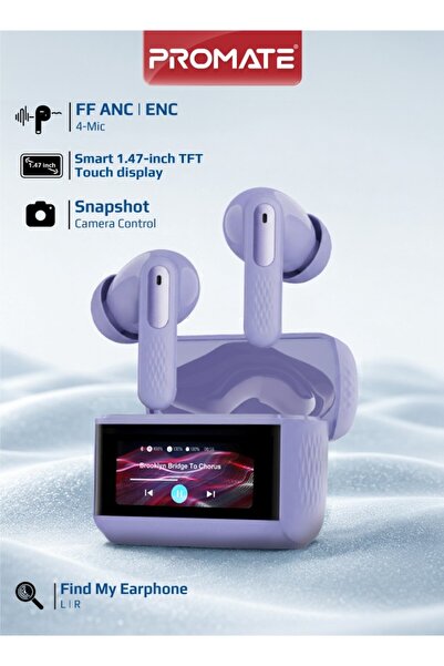 Promate Arix TWS Earbuds with ANC and TFT IPS Smart Touch Display (Purple) | ...