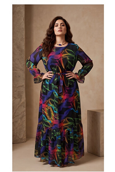 gökçesu Women's Plus Size Long Sleeve Lined Flowy Flounce Maxi Long Chiffon D...