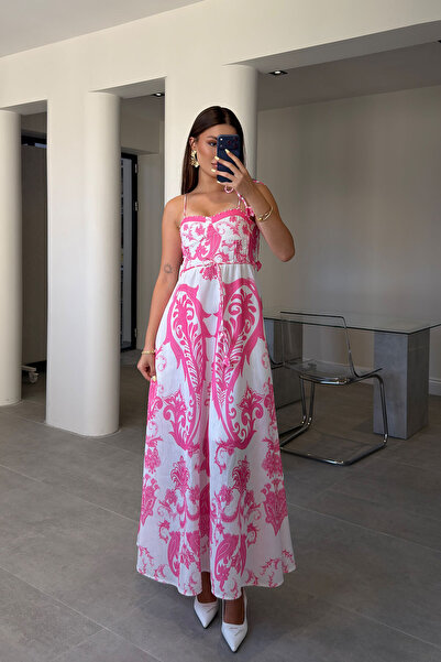 MAGARDE Pearl Embellished, Patterned Maxi Dress with Gipeli Back Detail - Pink
