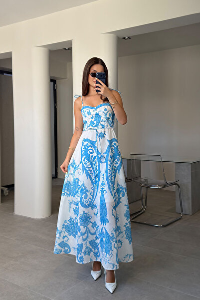 MAGARDE Rochie maxi cu perle brodate și model pe spate - ALBASTRU