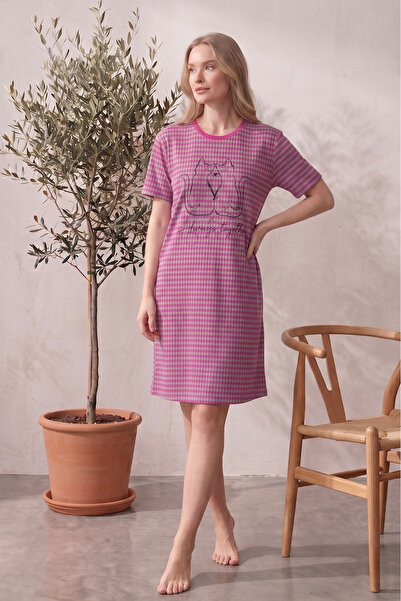 Farya Home Cotton Patterned Striped Interlock Knitted Short Sleeve Nightgown ...
