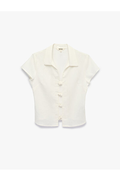 Koton Shirt Collar Short Sleeve Viscose Linen Blend Blouse with Napoleon Clos...
