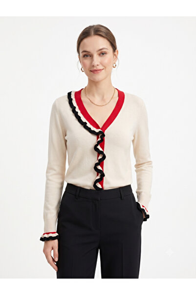 Neden Tekstil Women's V-Neck Flounce Knitwear Cardigan