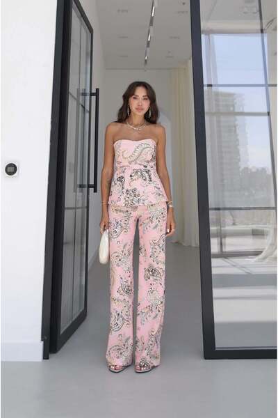 Havoş Powder Pink Shawl Patterned Strapless Blouse Trouser Set