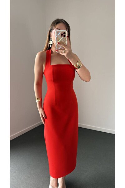 TİENDEROPA Women's Halter Neck Midi Slit Dress Square Neckline Event Dress