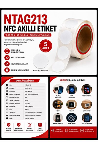 DORNEX ELEKTRONİK NTAG213 NFC KODLANABİLİR KİLİTSİZ YAPIŞKANLI 25MM AKILLI ET...