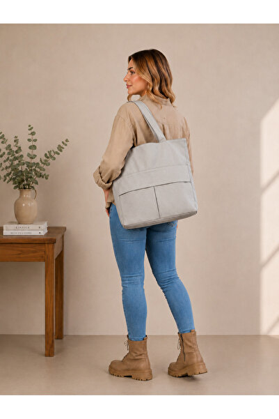 Generic Brand Women's Ice Gray Zippered Hand and Shoulder Bag Fabric Tote Bag