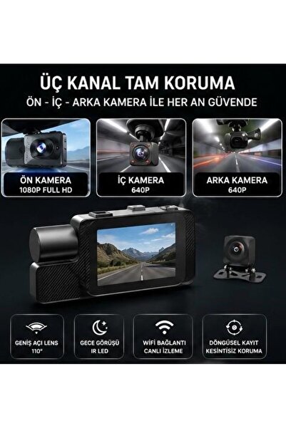 Midcom BW-T111 3 Kanal WiFi Araç Kamerası 2.0" IPS Ekran Ön 1280x720P + İç + Arka Kamera Gece Gör 64 GB Hafıza Kartı Hediyeli