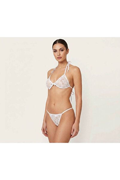 Maly Love Kadın Beyaz Dantel Bralette Sütyen ve String Külot İç Giyim Takımı Beyaz Biyeli