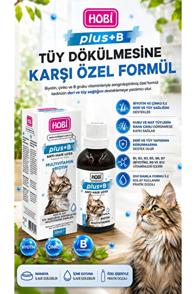 HOBİ Plus+B Tüy Dökülmesi Azaltıcı ve Deri Sağlığı Destekleyici Kediler için ...