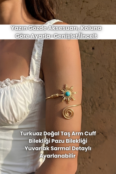 Elifsu Jewelry Turkuaz Doğal Taş Arm Cuff Bilekliği Pazu Bilekliği Yuvarlak S...