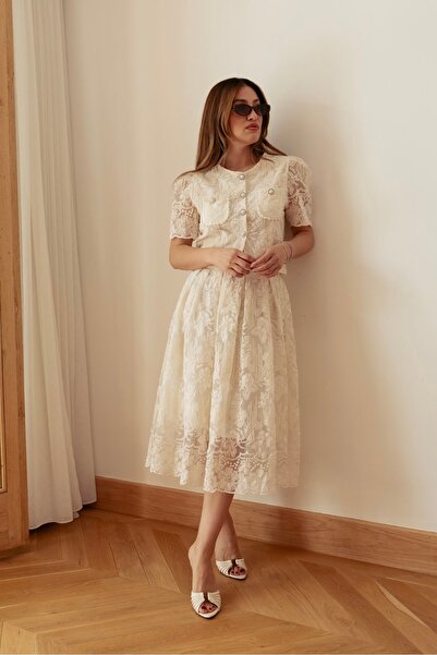 BRTC design Women's Cream Pearl Embroidered Jacket Skirt Lace Set