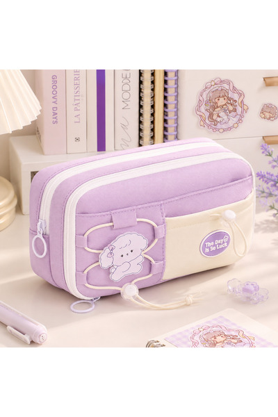 Kawaii So Luck Çok Bölmeli Geniş Kapasiteli Kalemlik Kalem Kutu Soft Mor