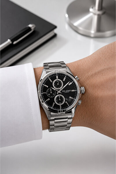 Tom Jones Men's Wristwatch Black Dial Multi Function 5 Atm Steel Band