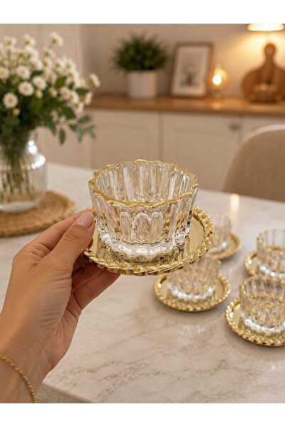FTH DİZAYN Golden Style 6-Person Wicker Model Gold Snack Set