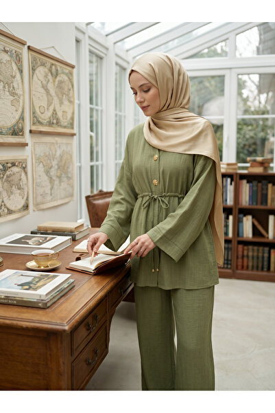 KAYS Linen Melange Fabric, Gathered Waist, Button Detail, Hijab, Two-Piece Set