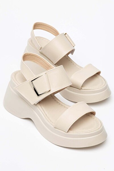 Dilimler Ayakkabı Women's Wedge Heeled Sandals Beige Thick Straps with Buckle...