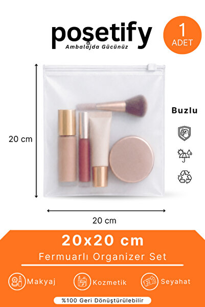 POŞETİFY Fermuarlı Organizer 20x20 Cm | 1 Adet | Buzlu Şeffaf Makyaj Çantası,...