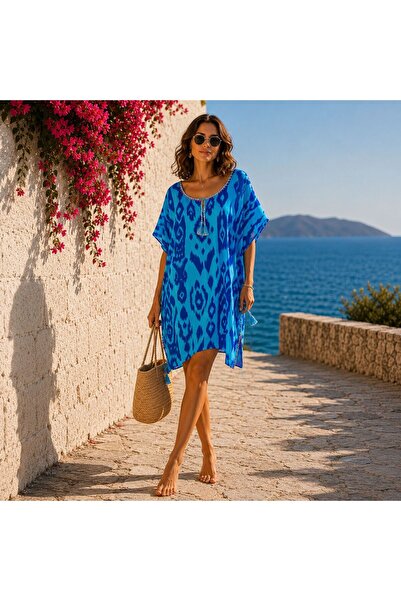 BIJUTERI Par-13039 Blue Ikat Patterned Laser Beach Dress & Pareo |   Eos Coll...
