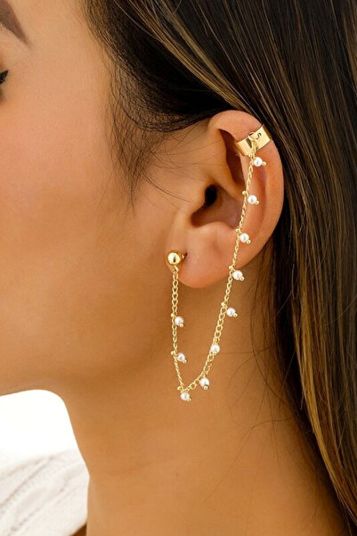 VeeShop Cercel ear cuff elegant, cuff cu lantisor cu perle mici si prindere d...