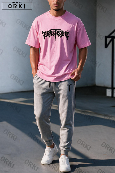 EFFRENATU Trust Issue Printed Oversize T-Shirt & Gray Pants Tracksuit Set