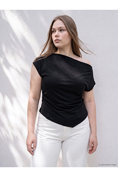 LC Waikiki Original Boat Neck Plus Size Gathered Blouse