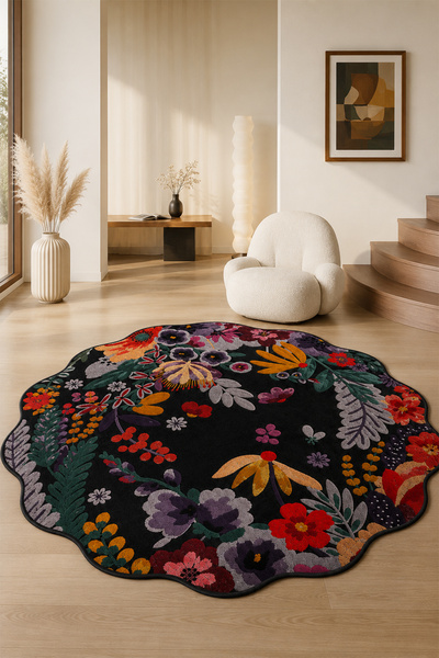 PINKIE HOME Dijital Kaymaz Yıkanabilir Dalgalı Renkli Çiçekli Modern Yuvarlak...