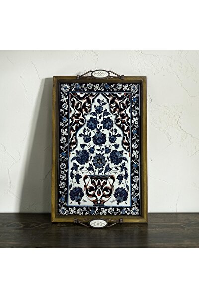 PorcelainAtelier El Yapımı Kütahya Çini Desenli Ahşap & Seramik Tepsi 42x28 c...