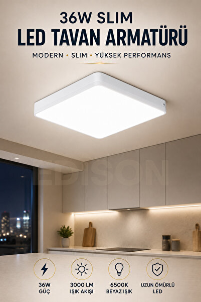 Edison 36W Sıva Üstü LED Tavan Armatürü 3000 Lümen Slim Kare Panel Beyaz Işık