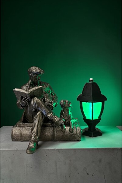 DENGE Kitap Okuyan Adam & Köpek Dekoratif Biblo | LED Fenerli Kitaplık ve Mas...