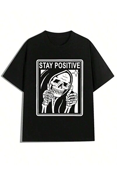 Astogria13 Skull Stay Positive Slogan T-Shirt YK Gothic Tee White Crew Neck S...