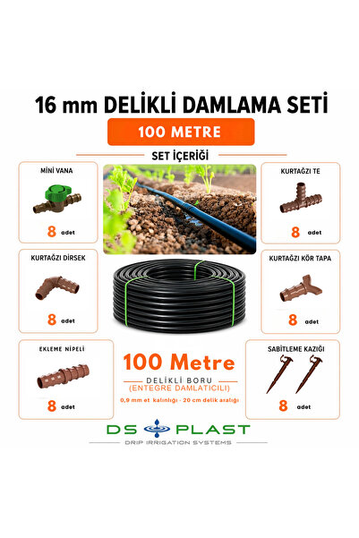 100 Metre 16 mm Kendinden Delikli Damla Sulama Seti - 20 cm Aralıklı - 4 lt/h Debi - 0,9 mm Et kalınlığı