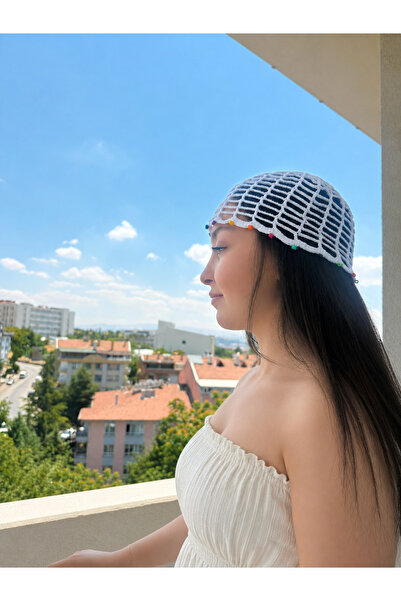 Renkli Boncuklu Yazlık Beyaz File Örgü Bere