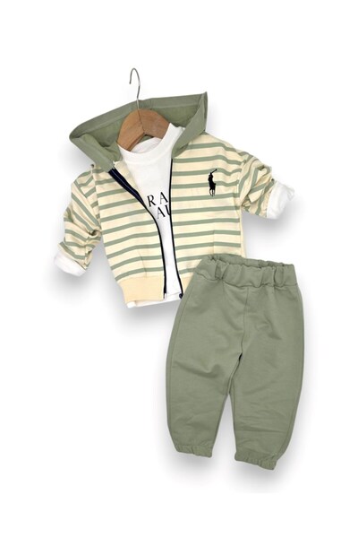 VOY KİDS Baby Boy 6-9-12-18-24 Months Hooded 3-Piece Set Zippered Sweatshirt ...