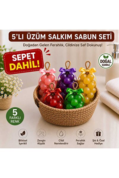 Üzüm Salkım Sabun - SEPET DAHİL - 5'li Set-İRİ TANELİ–Doğal Şık-Banyo-Mutfak Kullanımı (Aksesuar Ve Günlük Kullanım)