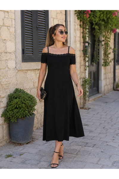 Kokosh moda Monaco Elegance - Black Viscose Dress with Lace Detail and Off-Th...
