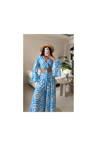 Boho Set Seda cu pantaloni albaștri