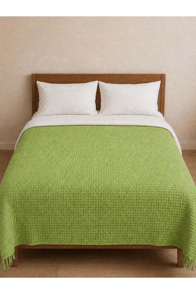nnevora Yeşil Sarı Waffle Pike 180x220 cm Püsküllü Çift Kişilik Yatak ve Kolt...