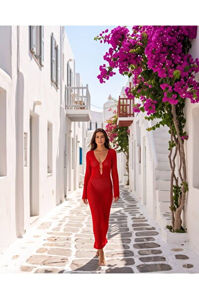 Trend Kapında Chest-Cut-Out Openwork Knitwear Beach Dress with Metal Accessories