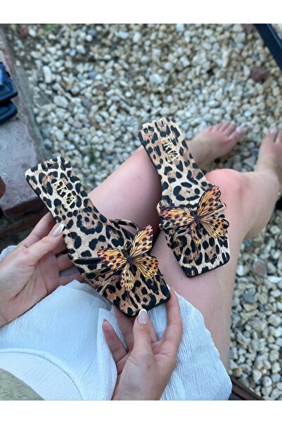 ERVANIN BUTİĞİ Leopard (Aisha) Leopard Butterfly Detail Women's Slippers