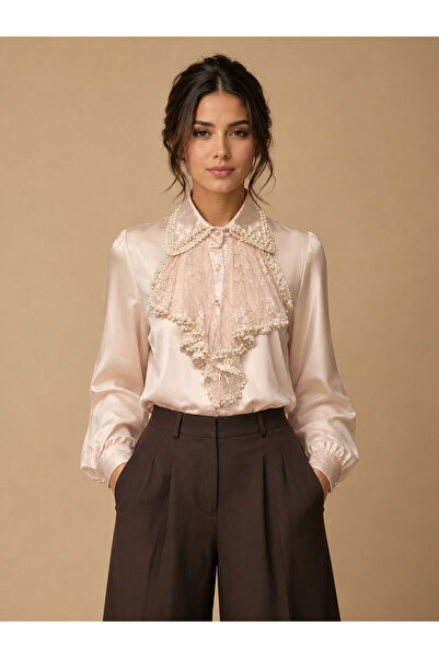 TOP BERLANTY Luxury Satin Blouse with Lace and Pearl Detailing 3 Colors