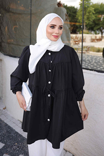 İmajButik Siyah Kol Lastikli Önü Bağlamalı Gömlek