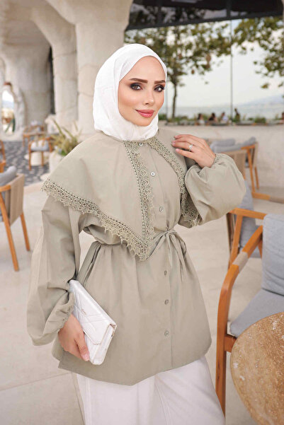 İmajButik Light Khaki Collared Lace-Up Waist Tie Shirt