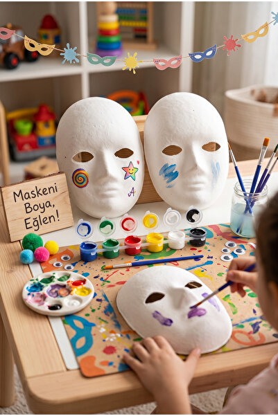 HOBBYRONS 3’lü Beyaz Ham Maske Boyama Seti - 6 Renk Akrilik Boya ve Fırça Dah...