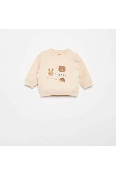 KIABI Lightweight Fleece Sweatshirt with Print BEIGE