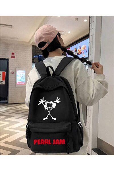 Minga London Rucsac negru cu imprimeu Pearl Jam pentru școală, ședințe de stu...
