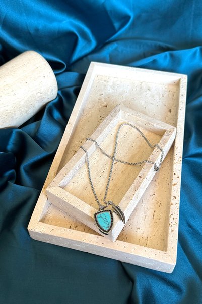 MOONİ ACCESSORİES Viking Design Turquoise Stone Feather Arrow Figured Silver Color Men's Steel Necklace