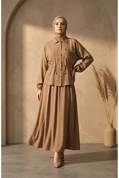 sefamerve Waist-Tied Buttoned Tunic Skirt Double Set 0318-05 Toprak