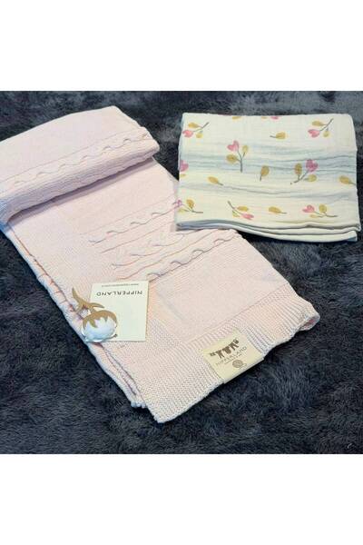 Mummys Love 2-Piece Baby Blanket Set - 100% Natural Cotton Muslin & Wool - Pi...
