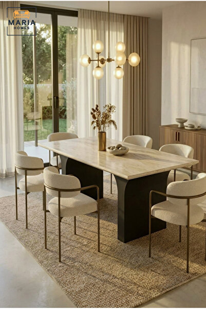 MARIA HOMES طاولة طعام مستطيلة كبيرة بسطح خشبي وأرجل منحنية، طاولة عصرية لغرف...